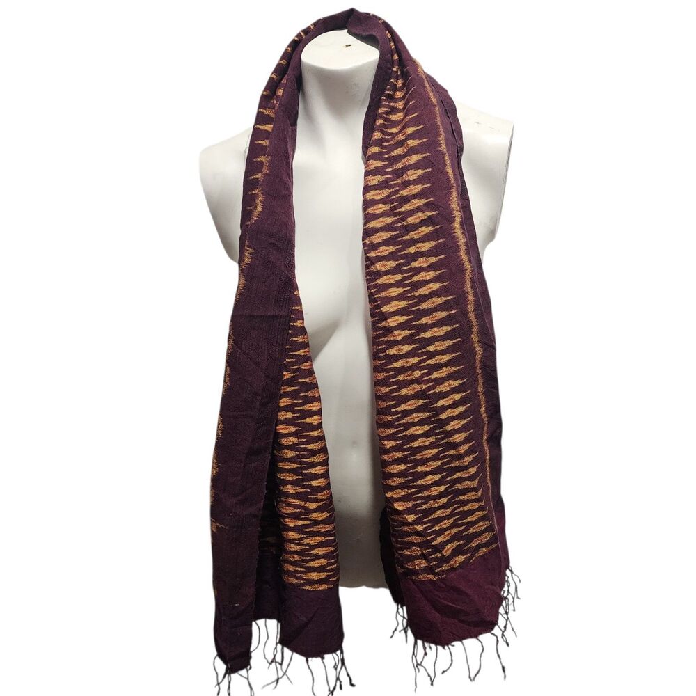 Burgundy & Gold Patterned Scarf Lightweight‎ Fringe Wrap Shawl Boho Tribal Style